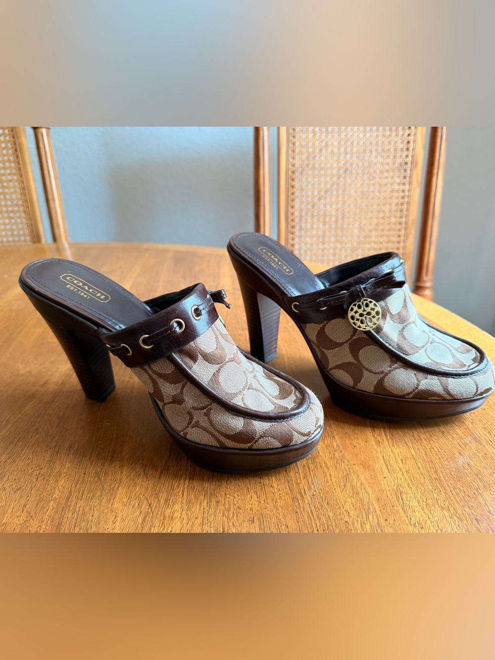 Coach Jodey Signature Brown Canvas Mules with Gold Medallion and logo print